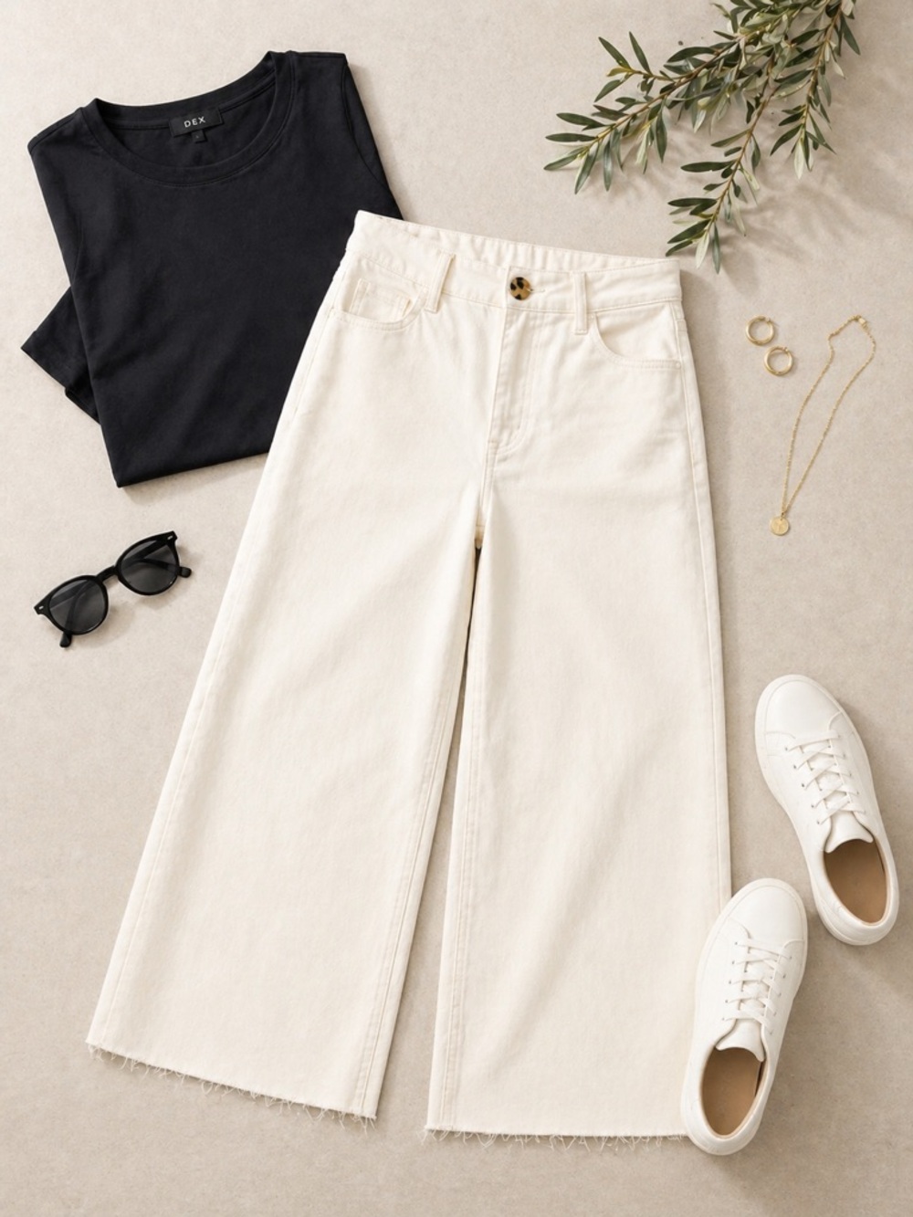Dex Cream Culottes Jeans High Rise Wide Leg Cropped Pants